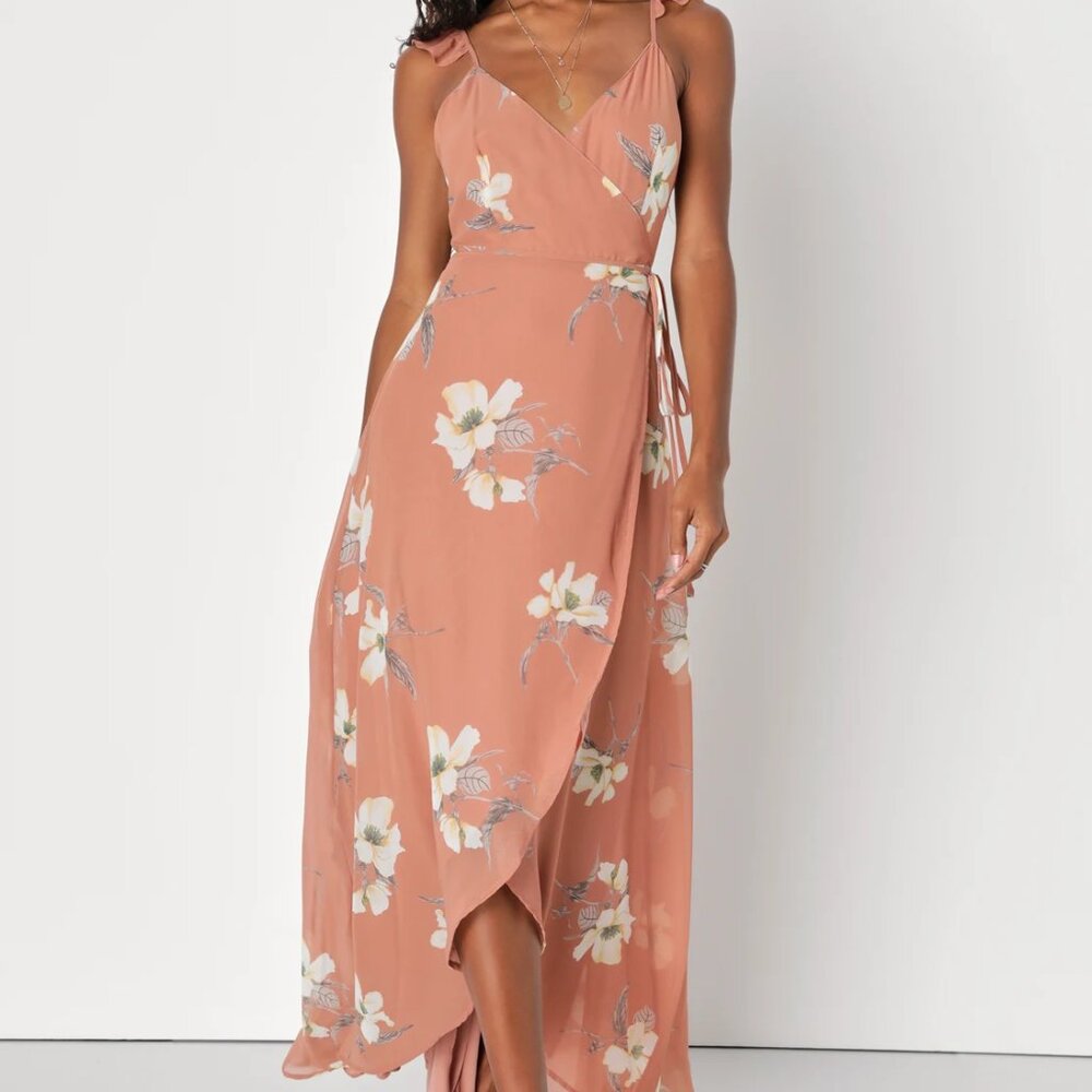 Lulus All Mine Rusty Rose Floral Print High-low Wrap Dress Pink - Size L